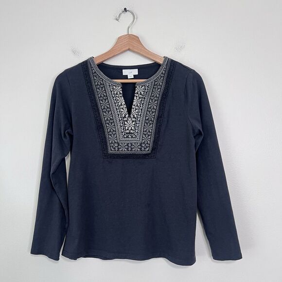 J. Jill Embroidered Split Neck Long Sleeve Tunic Top Charcoal Gray Size XS - Picture 2 of 7